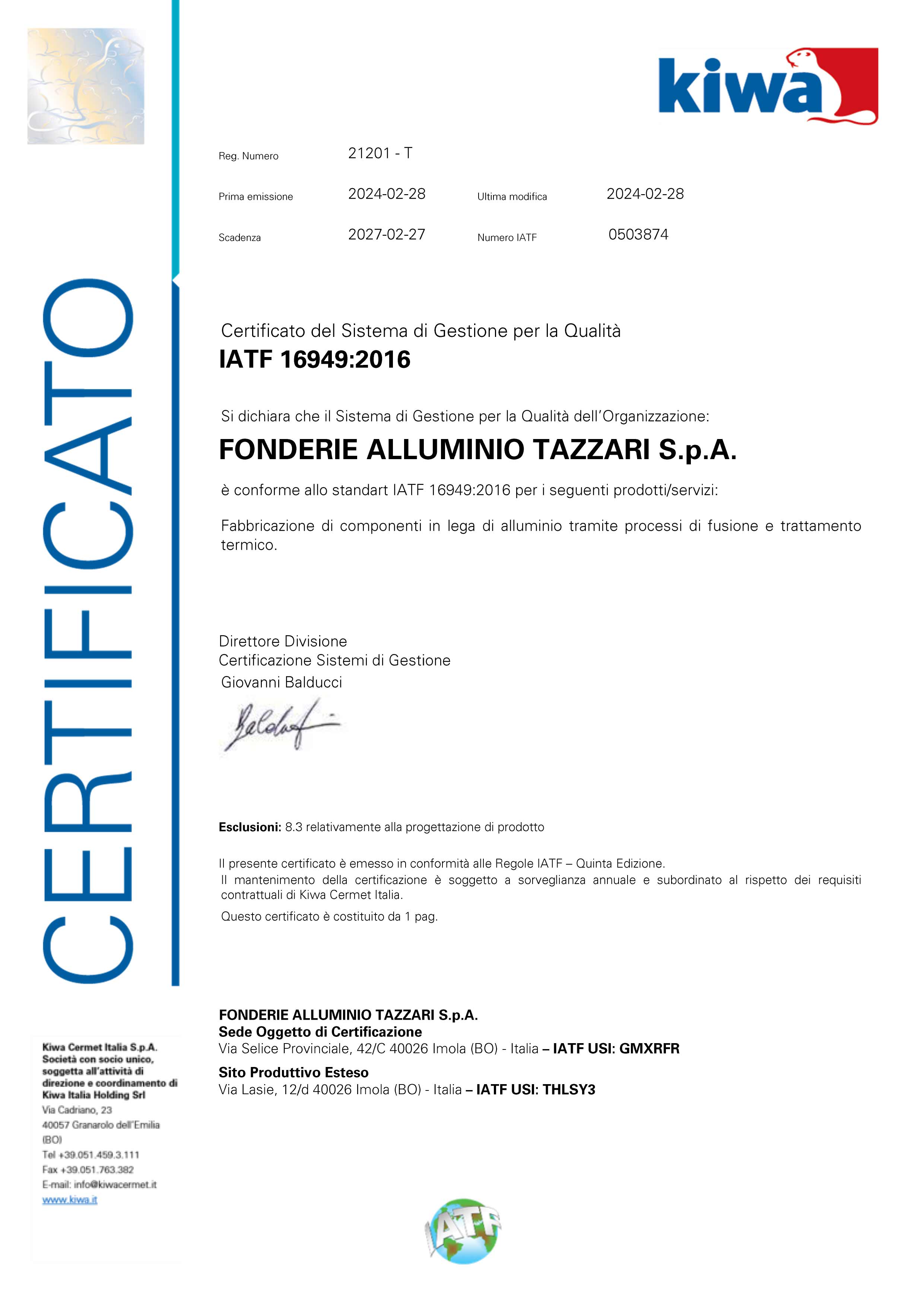 Certificato IATF 16949